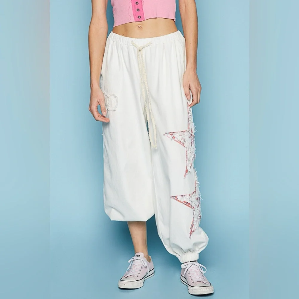 Elastic Waist Star Patch Jogger Pant in Off White Pre loved